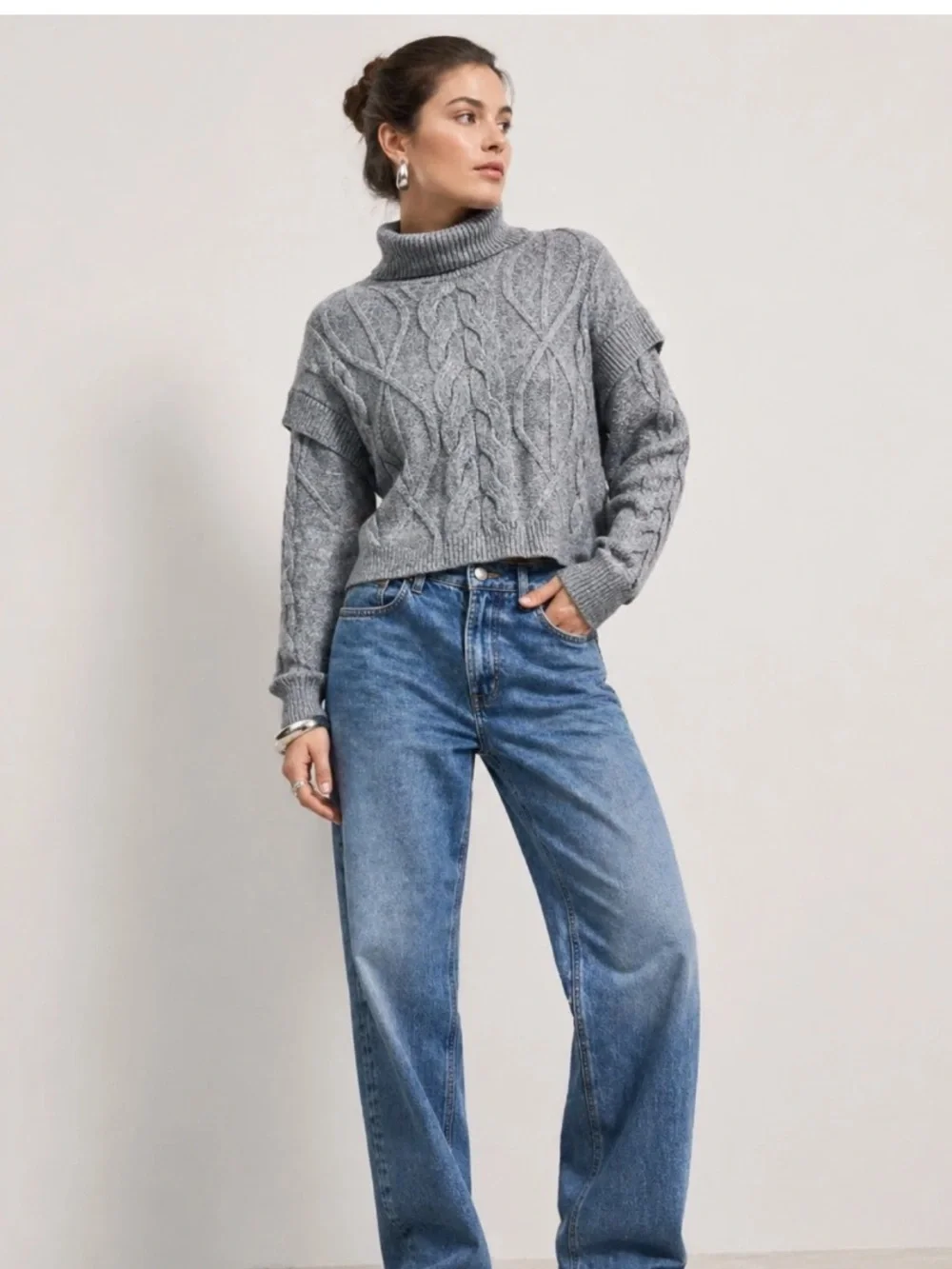 Elie Tahari Grey Chunky Cable-Knit Turtleneck Sweater Size Small